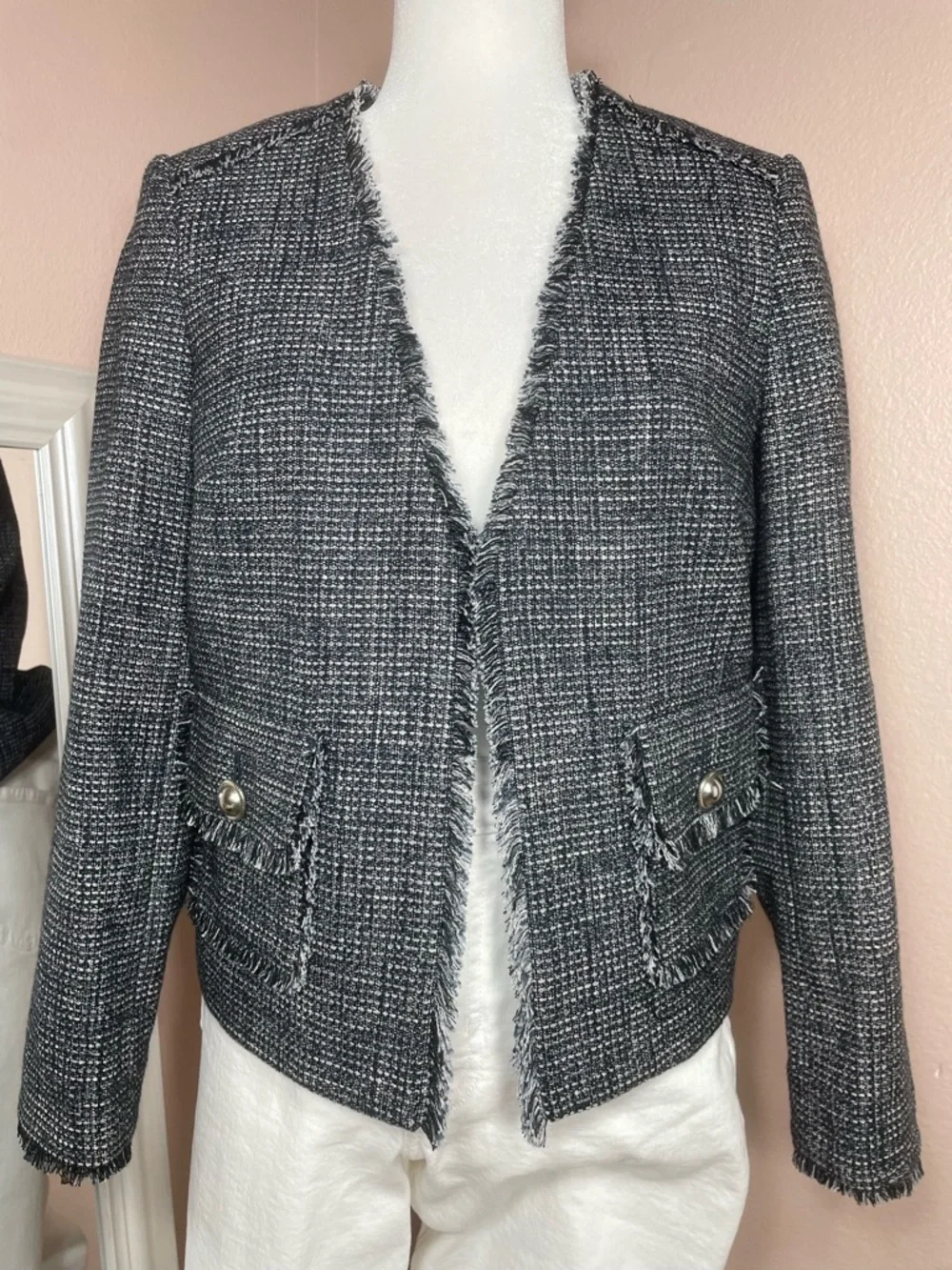 Express Tweed Jacket Small Fringe Trim Blue‎ Black Career Chic Blazer
